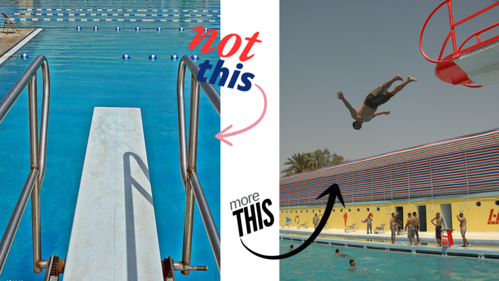 A high diving board above a pool, representing the spiritual leap of faith required for temple preparation.