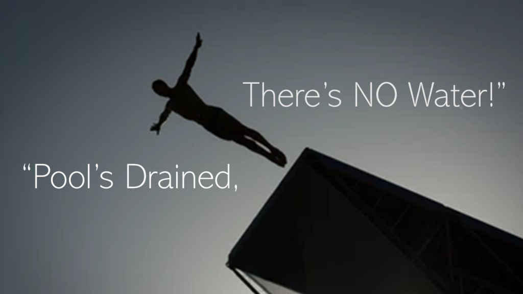 A high diving board above a pool, representing the spiritual leap of faith required for temple preparation.